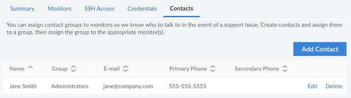 Screenshot of the Managed Services Contacts page in Cloud Manager Screenshot of the Managed Services Contacts page in Cloud Manager
